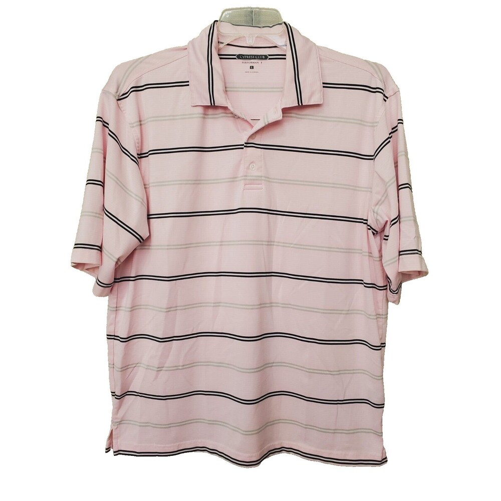 Cypress Club Performance Men's Pink Striped Short Sleeve Golf Polo Shirt Size L